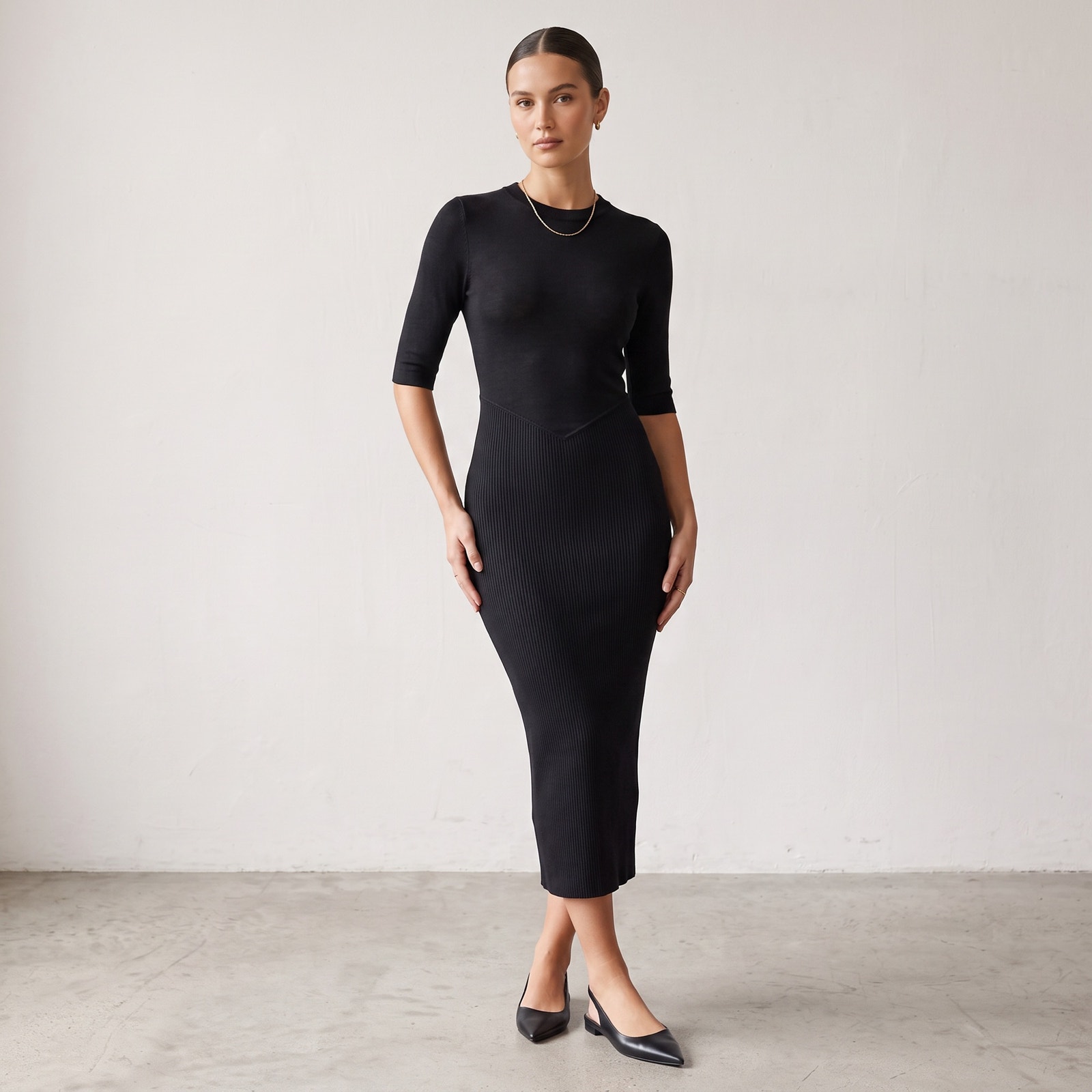H&M Lbd Little Black Stretch Knit Ribbed Bodycon Midi Dress Half Sleeve Xs
